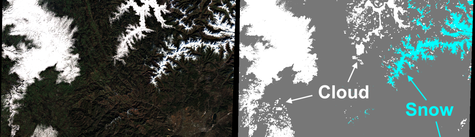 Theia Sentinel-2 level 2A and snow product in the region de los Ancares, Spain. Image captured by Sentinel-2A on 30 Jan 2018.