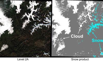 Theia Sentinel-2 level 2A and snow product in the region de los Ancares, Spain. Image captured by Sentinel-2A on 30 Jan 2018.