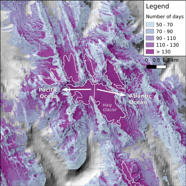 Snow cover duration map near Haig Glacier
