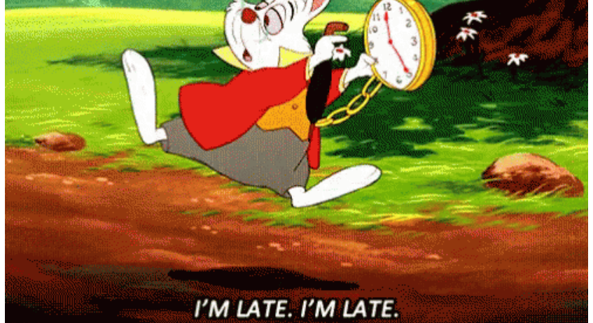 The rabbit of Alice in Wonderland is late, showing a big clock