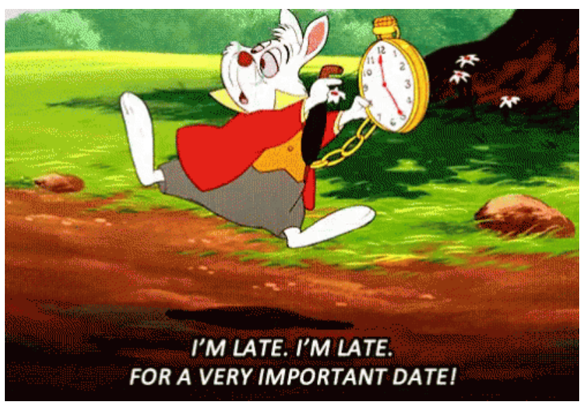 The rabbit of Alice in Wonderland is late, showing a big clock